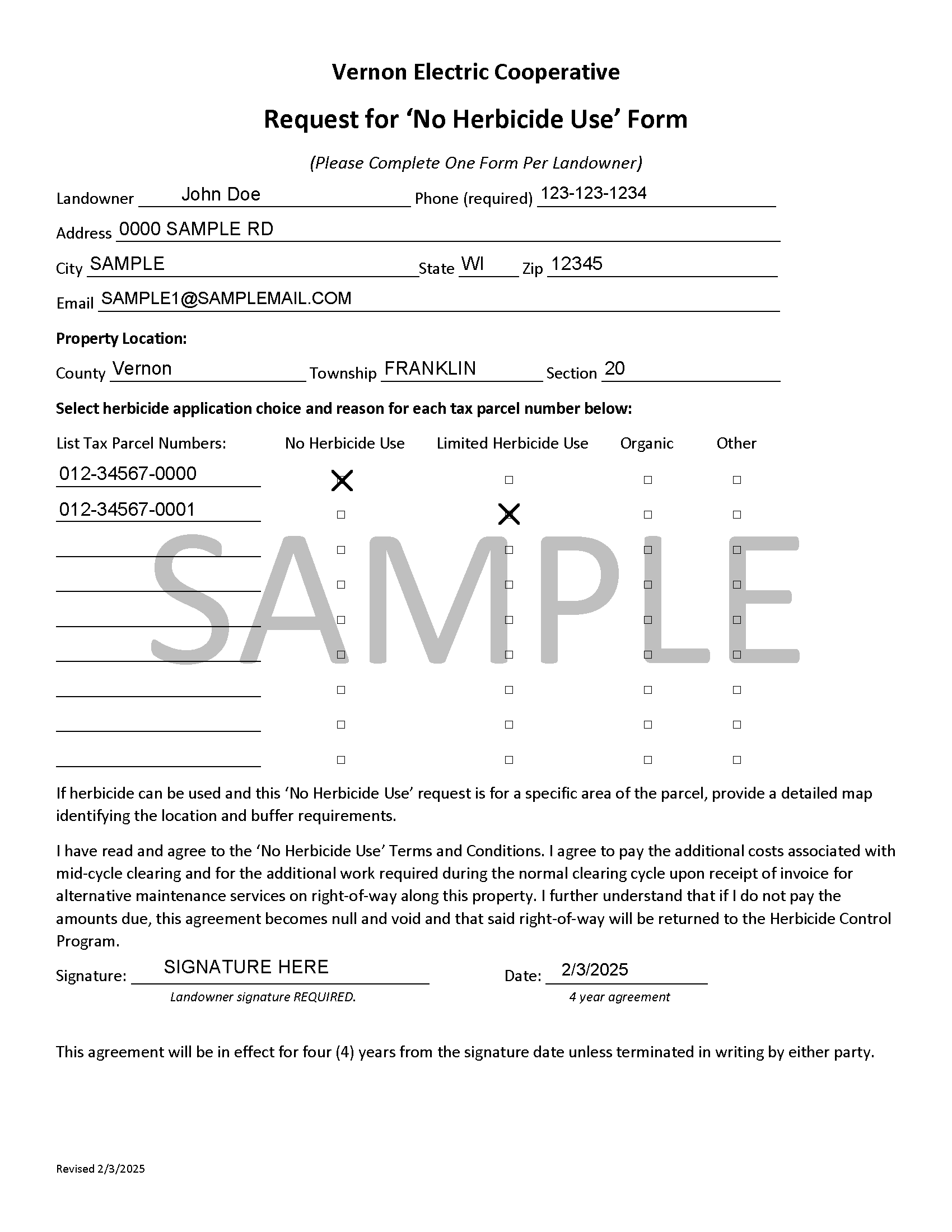 sample no herbicide use form